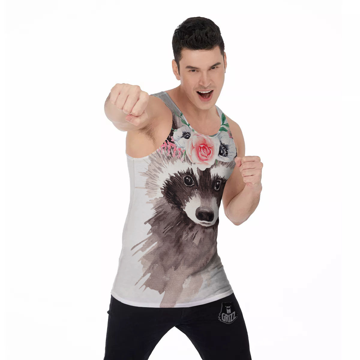Flower And Raccoon Print Men's Tank Top-grizzshop