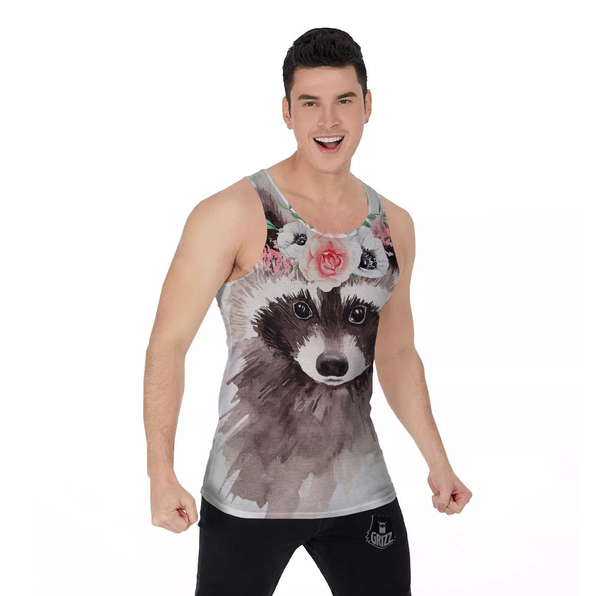 Flower And Raccoon Print Men's Tank Top-grizzshop