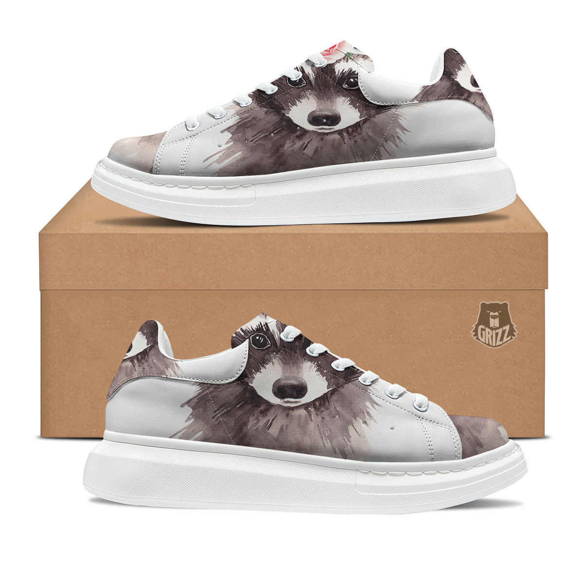 Flower And Raccoon Print Platform Shoes-grizzshop