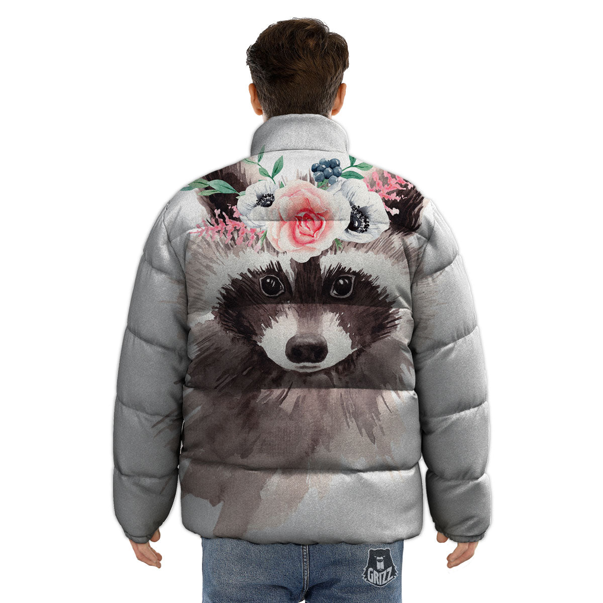 Flower And Raccoon Print Puffer Jacket-grizzshop