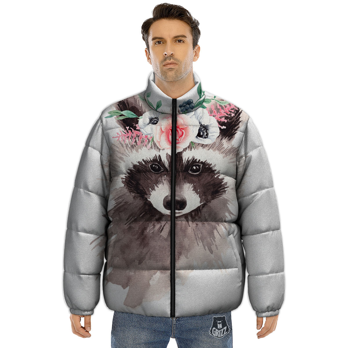 Flower And Raccoon Print Puffer Jacket-grizzshop