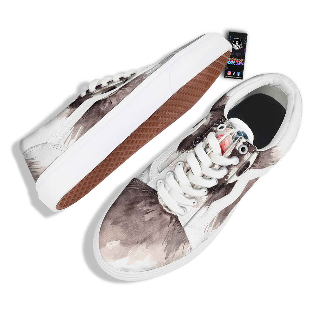 Flower And Raccoon Print Skate Shoes-grizzshop