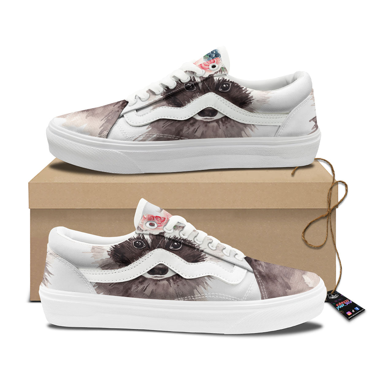 Flower And Raccoon Print Skate Shoes-grizzshop