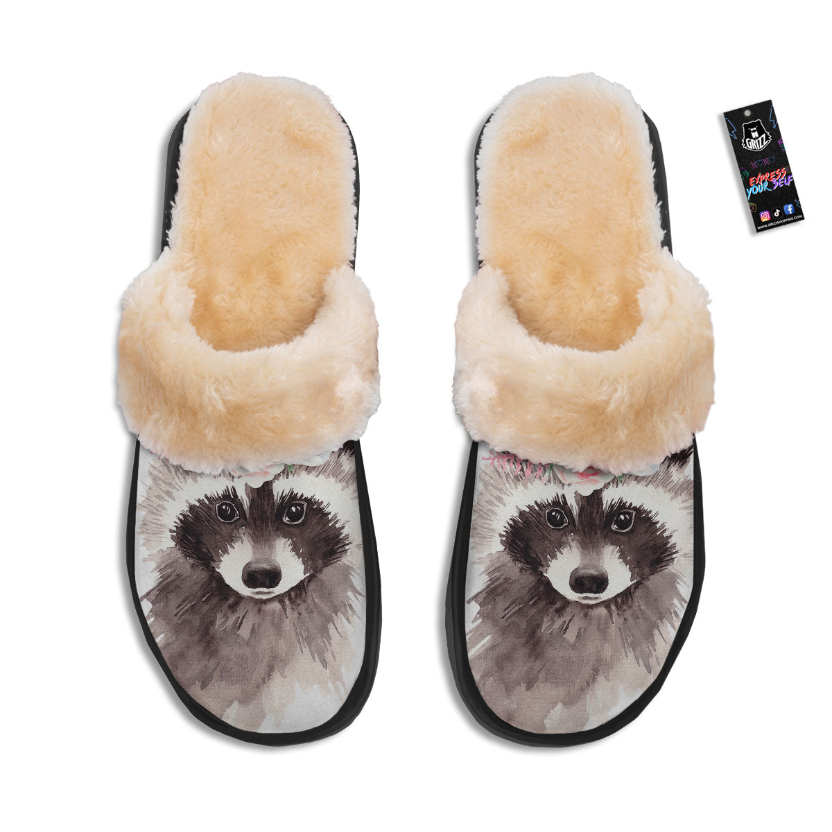 Flower And Raccoon Print Slippers-grizzshop