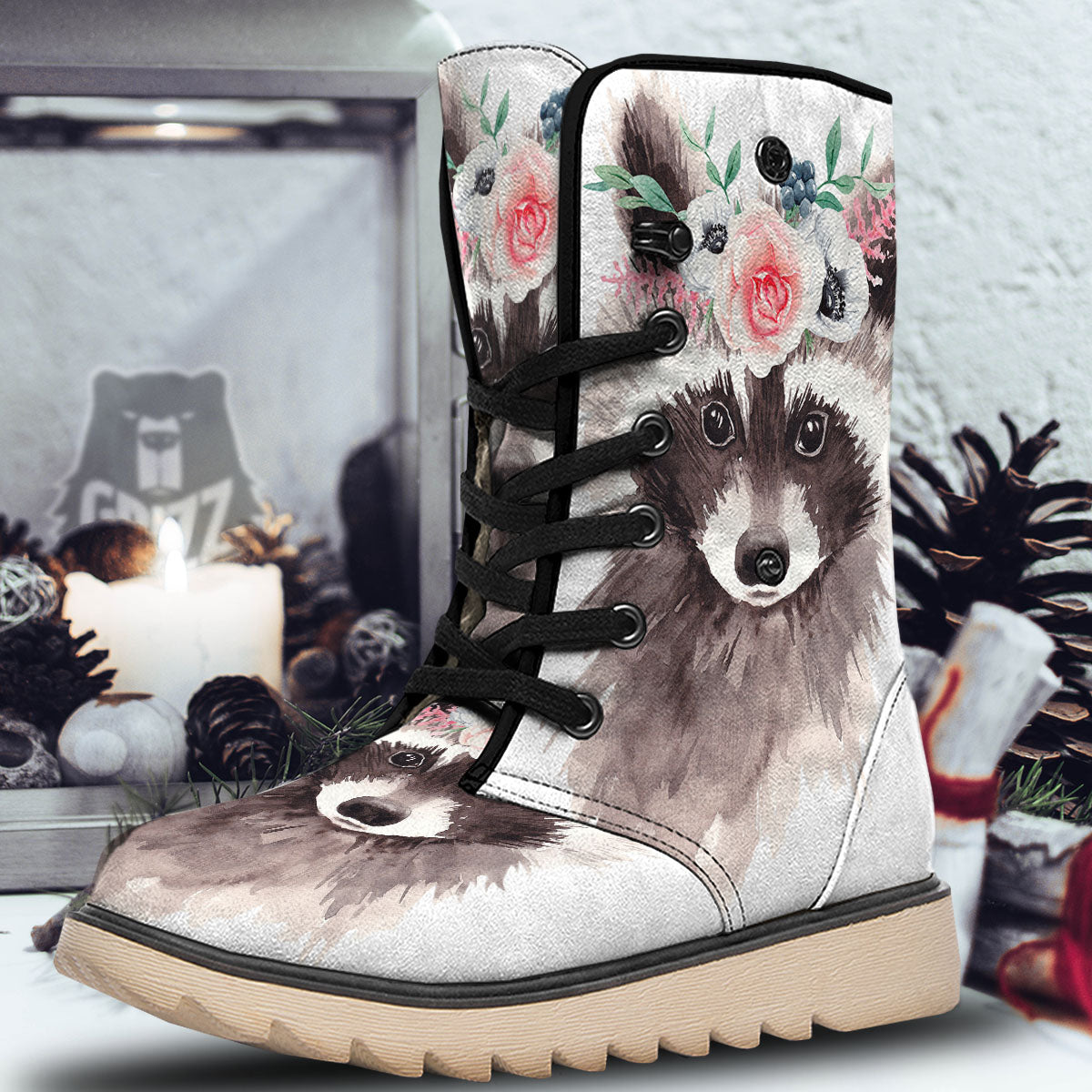 Flower And Raccoon Print Snow Boots-grizzshop