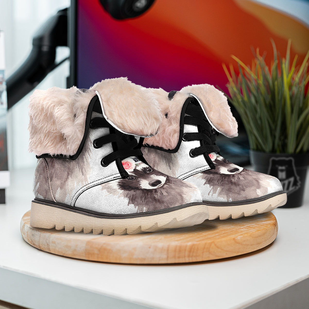 Flower And Raccoon Print Snow Boots-grizzshop