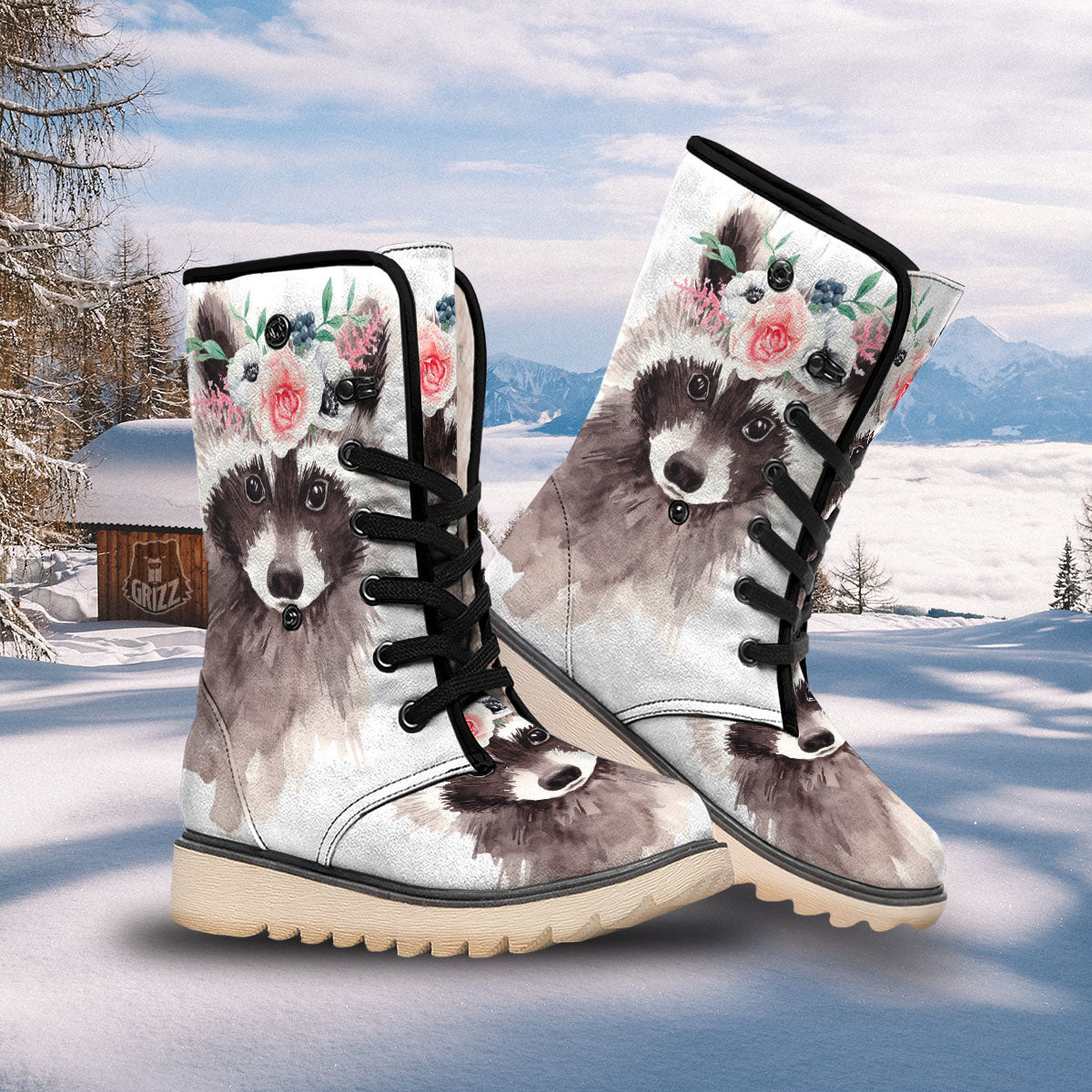 Flower And Raccoon Print Snow Boots-grizzshop