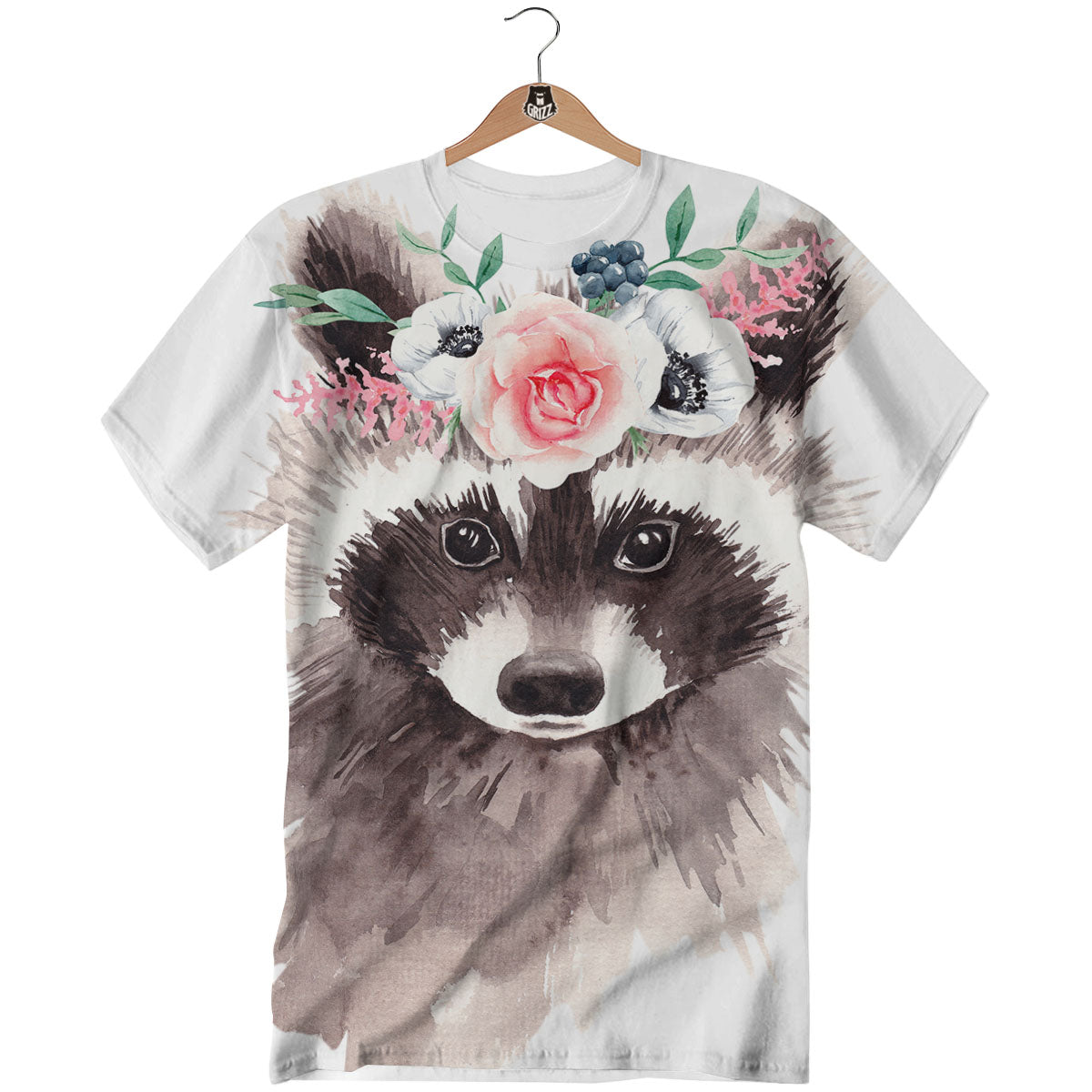 Flower And Raccoon Print T-Shirt-grizzshop