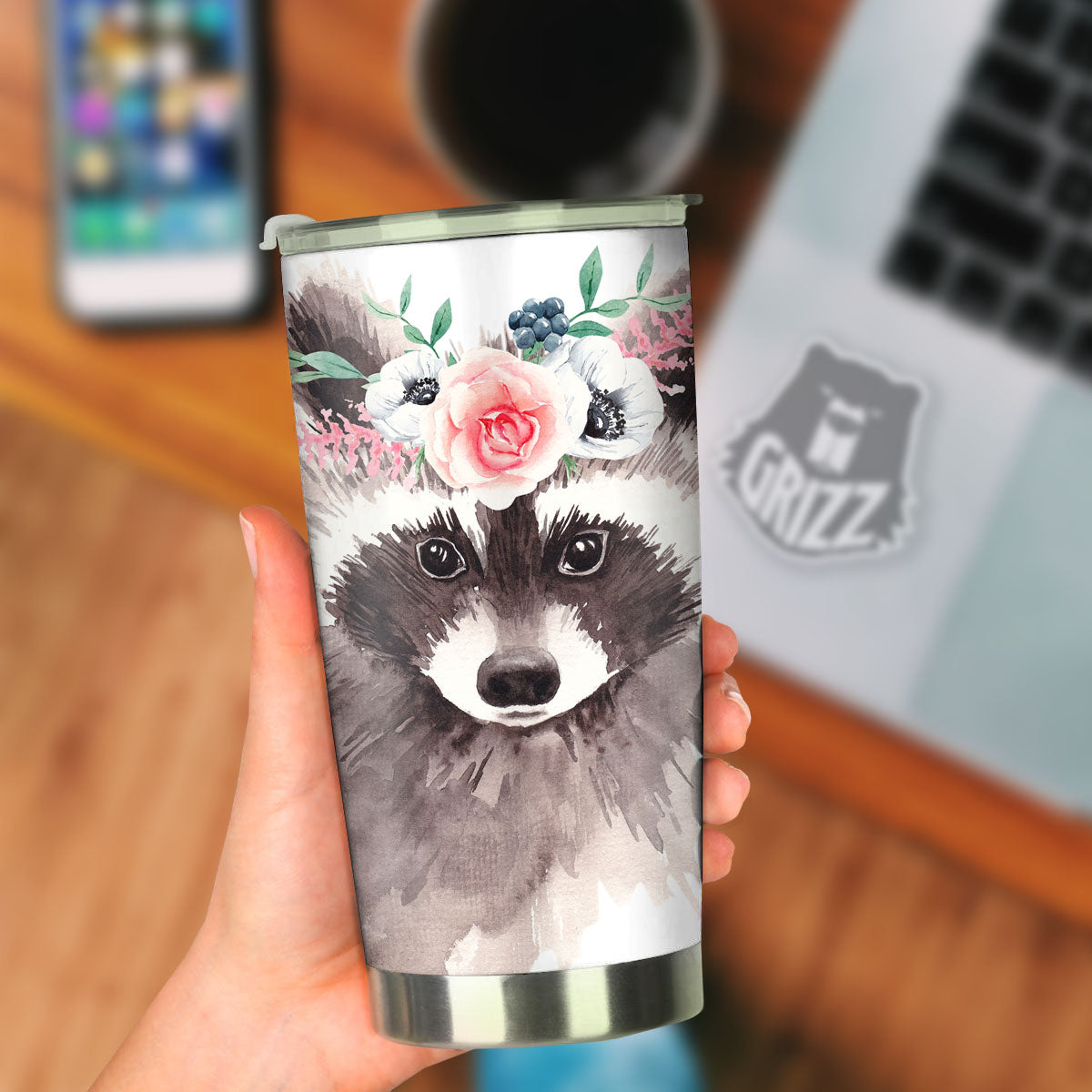 Flower And Raccoon Print Tumbler-grizzshop