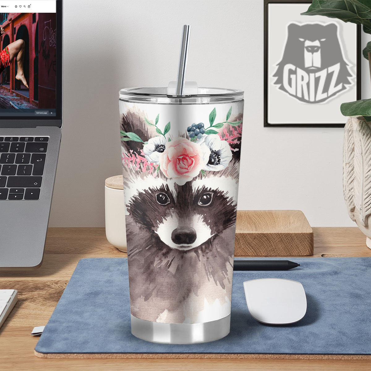 Flower And Raccoon Print Tumbler-grizzshop