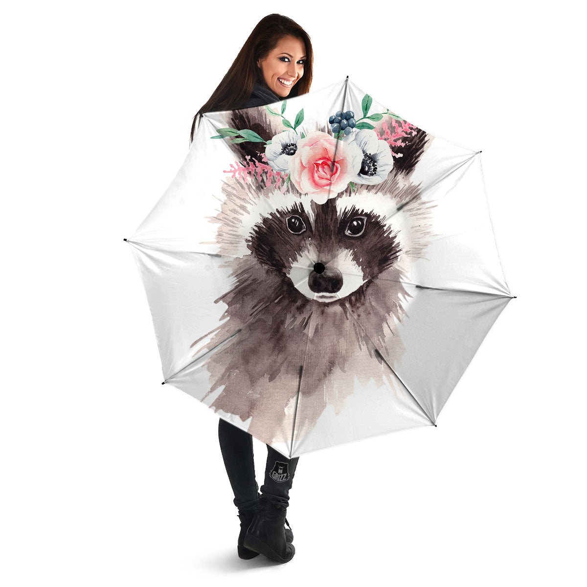 Flower And Raccoon Print Umbrella-grizzshop