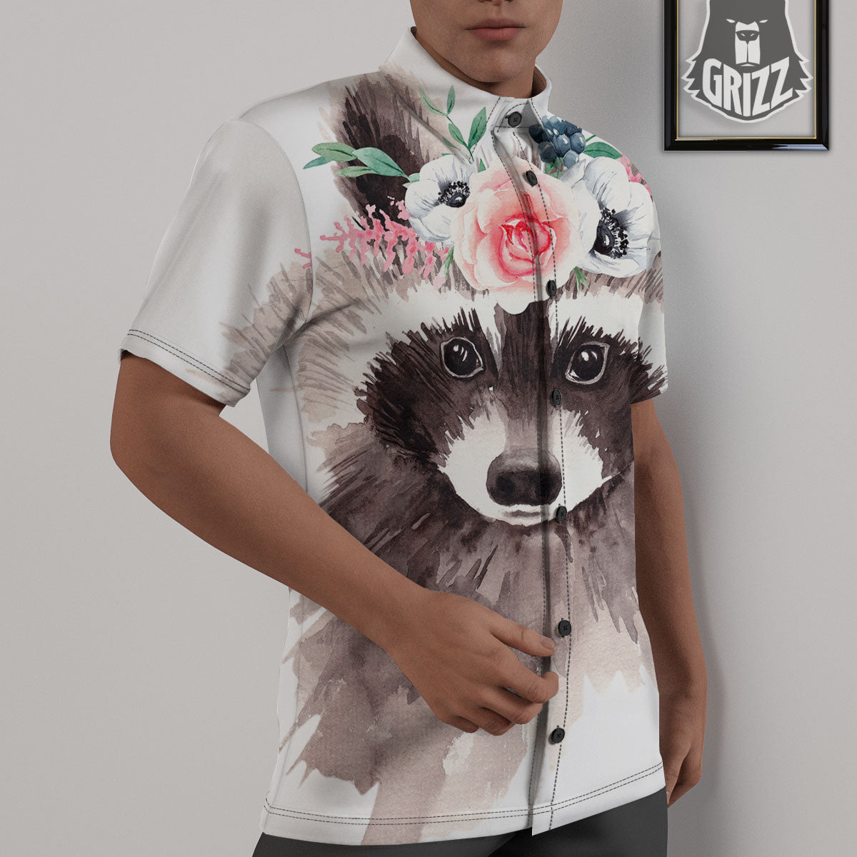 Flower And Raccoon Print Untucked Shirts-grizzshop