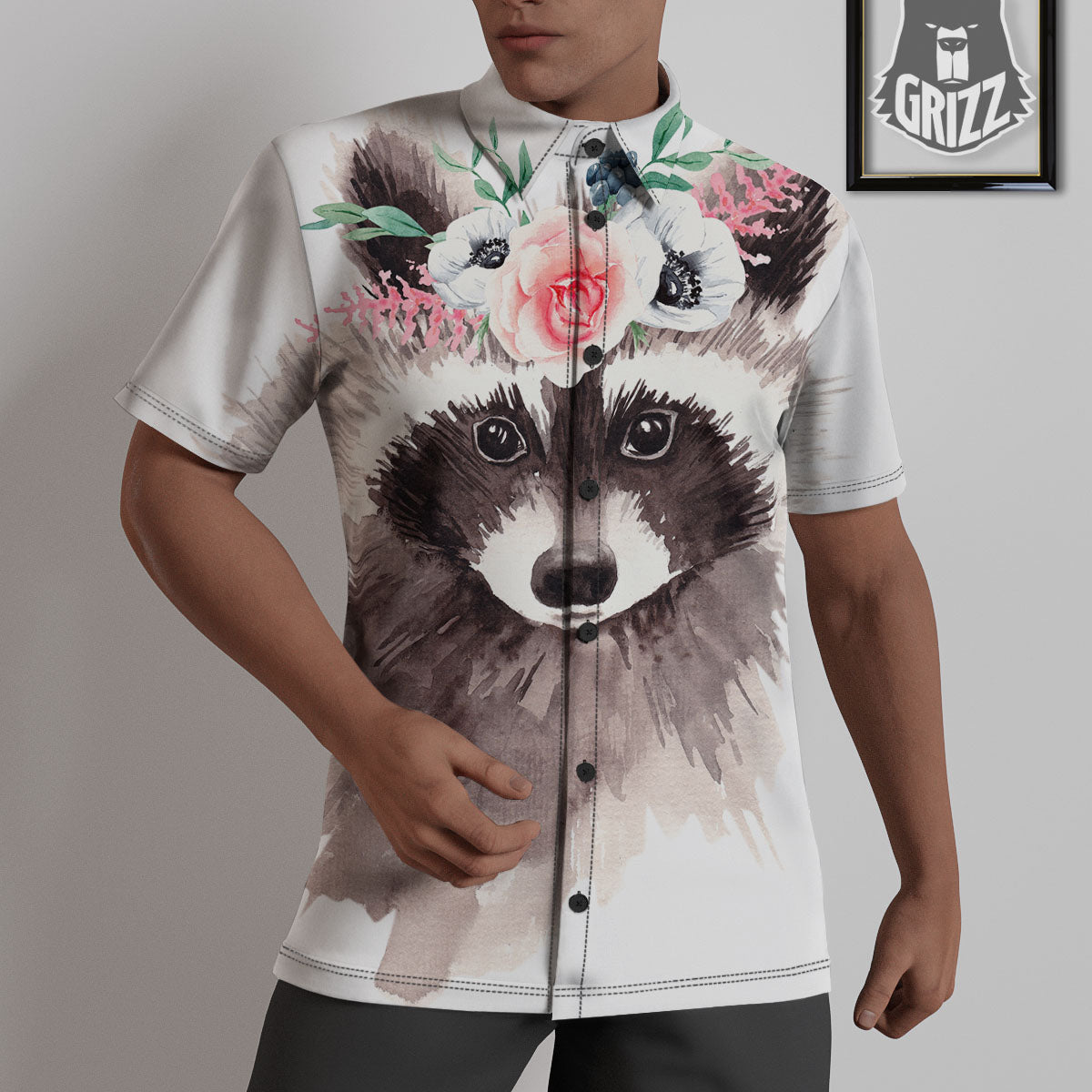 Flower And Raccoon Print Untucked Shirts-grizzshop