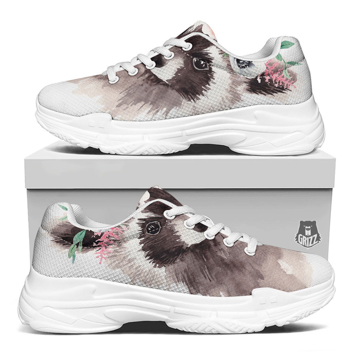Flower And Raccoon Print White Chunky Shoes-grizzshop
