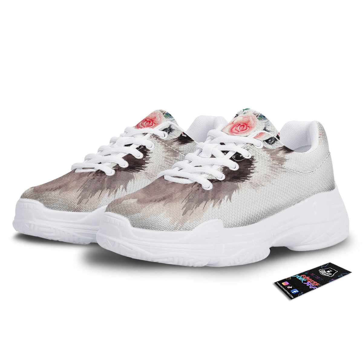 Flower And Raccoon Print White Chunky Shoes-grizzshop