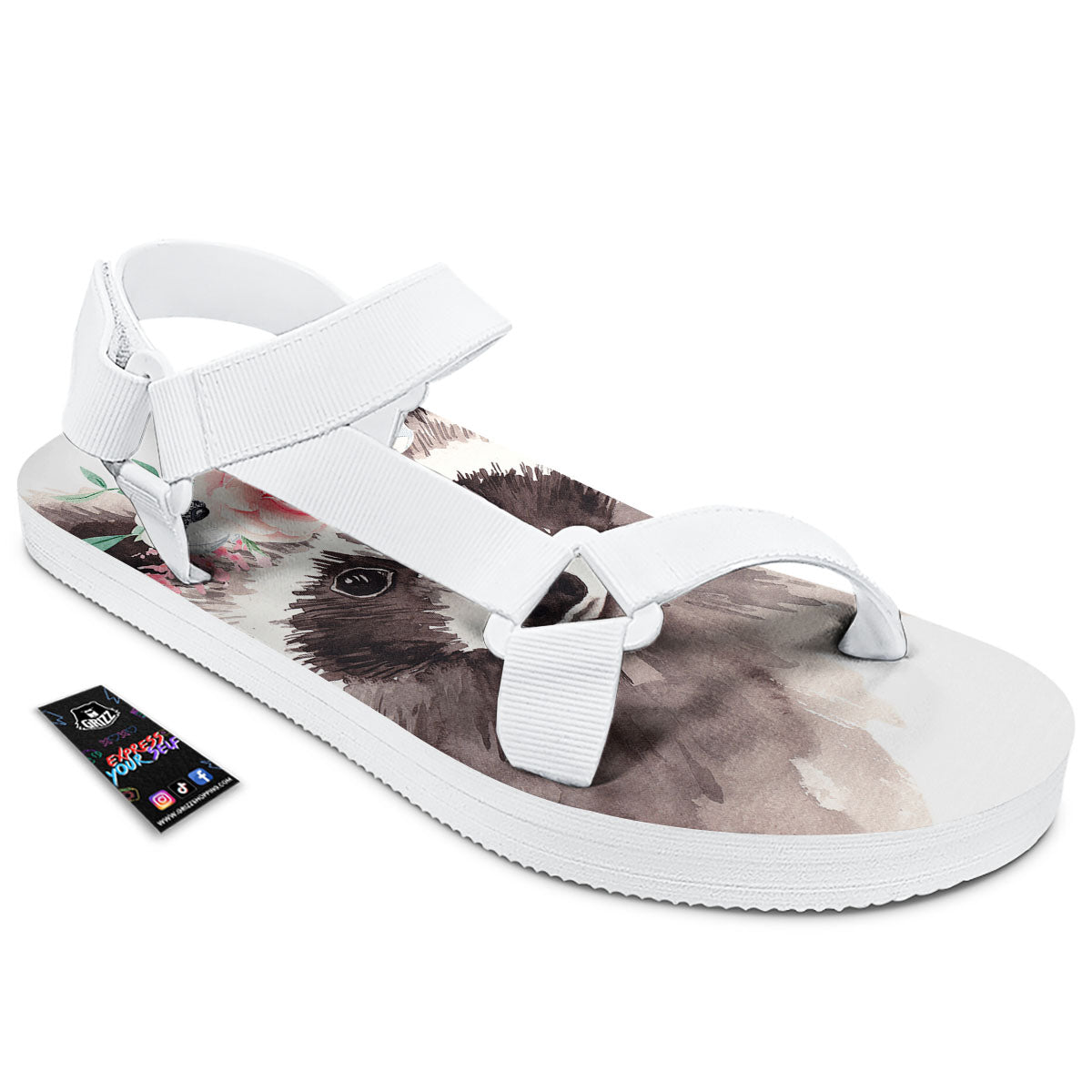 Flower And Raccoon Print White Open Toe Sandals-grizzshop