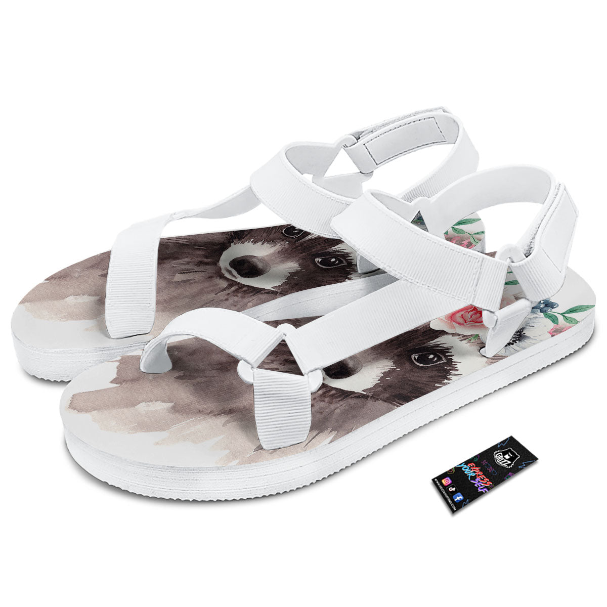 Flower And Raccoon Print White Open Toe Sandals-grizzshop