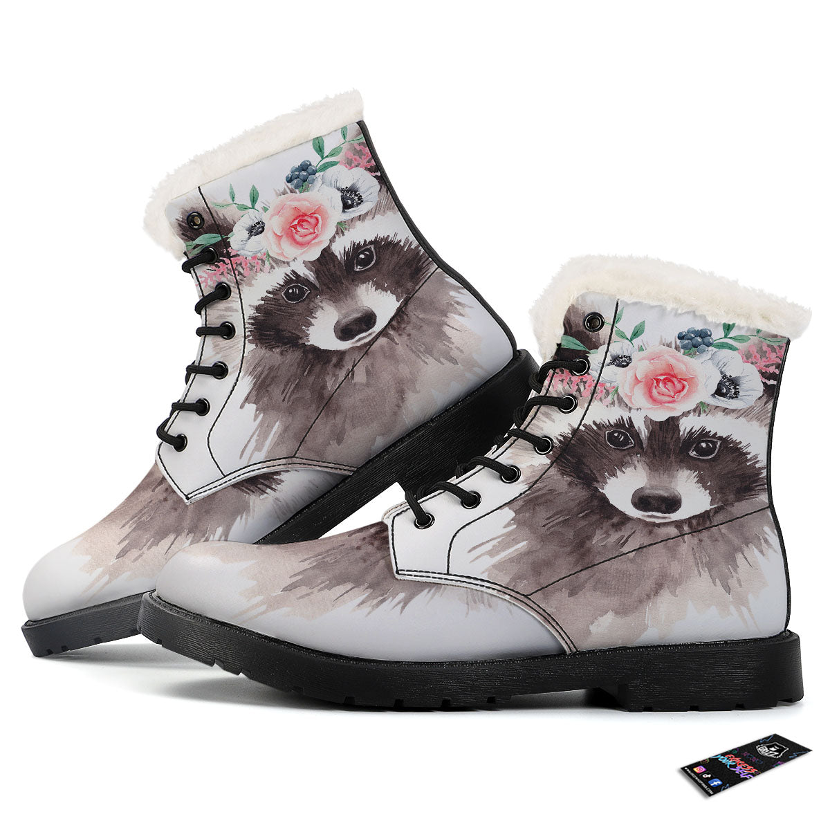 Flower And Raccoon Print Winter Boots-grizzshop