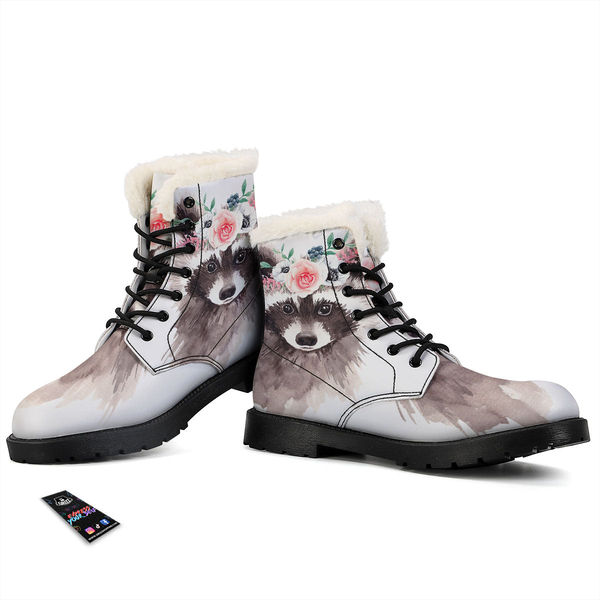 Flower And Raccoon Print Winter Boots-grizzshop
