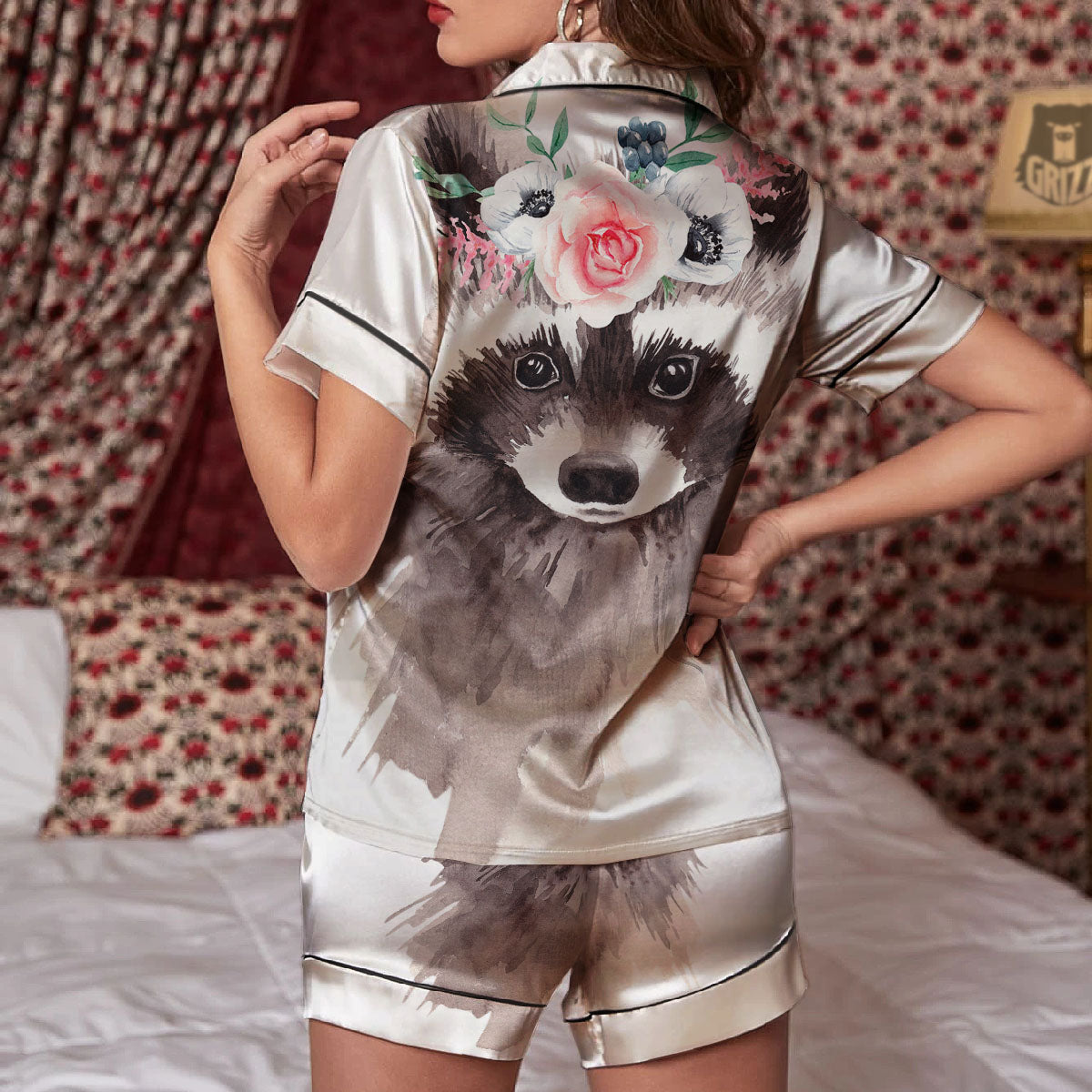 Flower And Raccoon Print Women Silk Pajamas-grizzshop