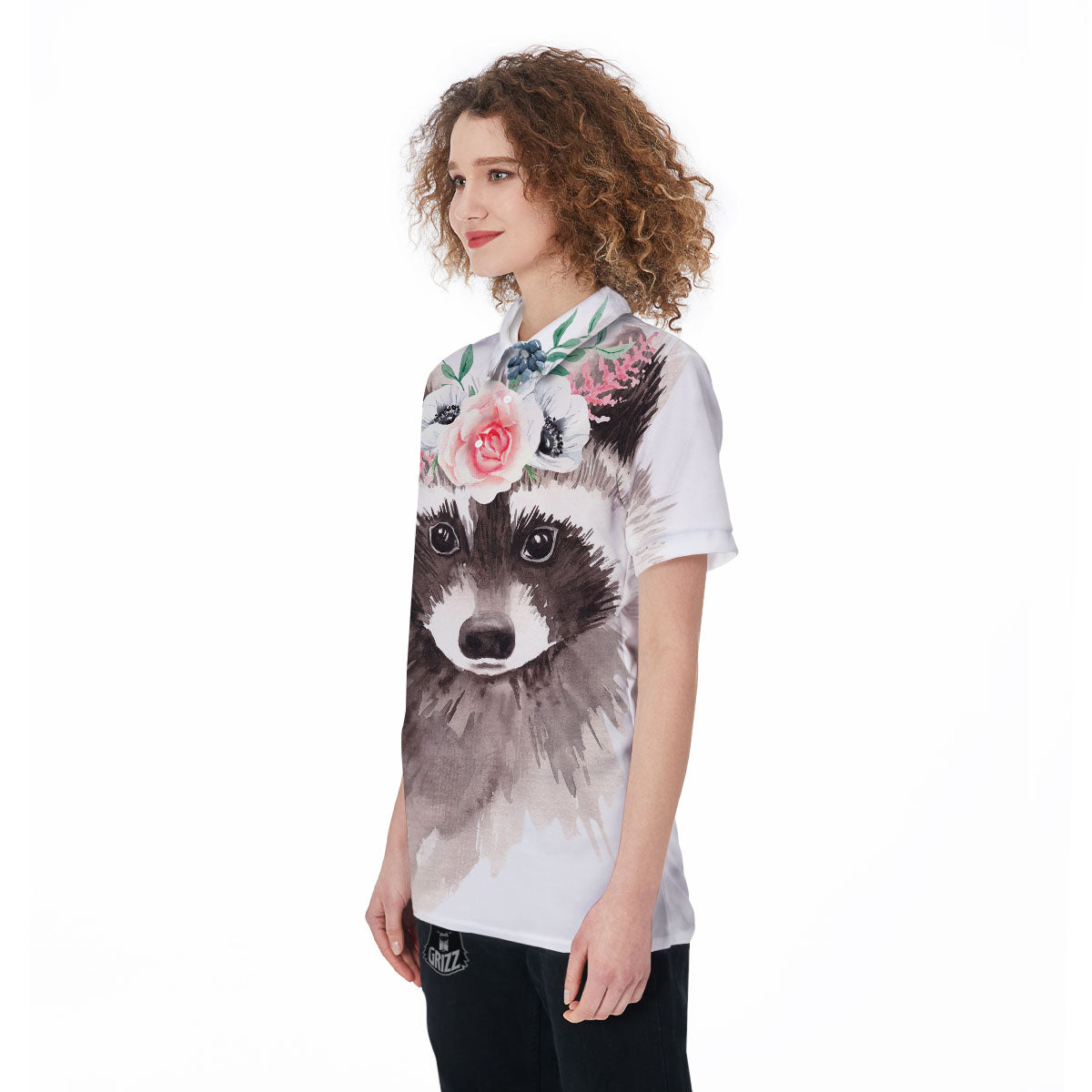 Flower And Raccoon Print Women's Golf Shirts-grizzshop