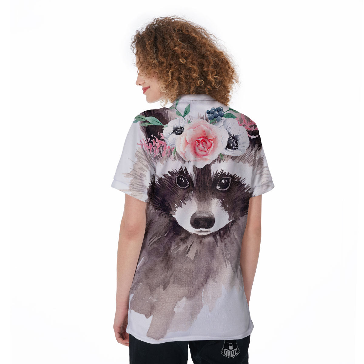 Flower And Raccoon Print Women's Golf Shirts-grizzshop