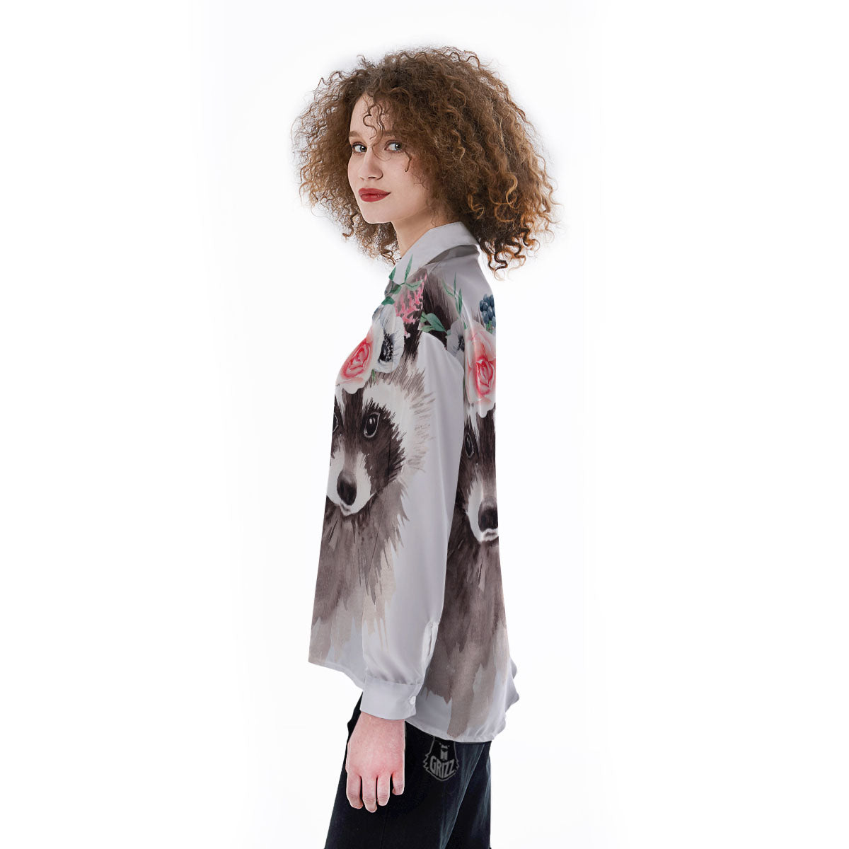 Flower And Raccoon Print Women's Long Sleeve Shirts-grizzshop