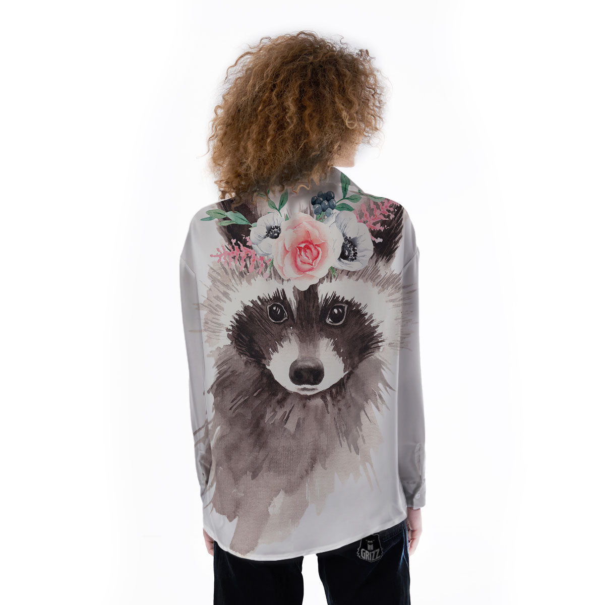 Flower And Raccoon Print Women's Long Sleeve Shirts-grizzshop
