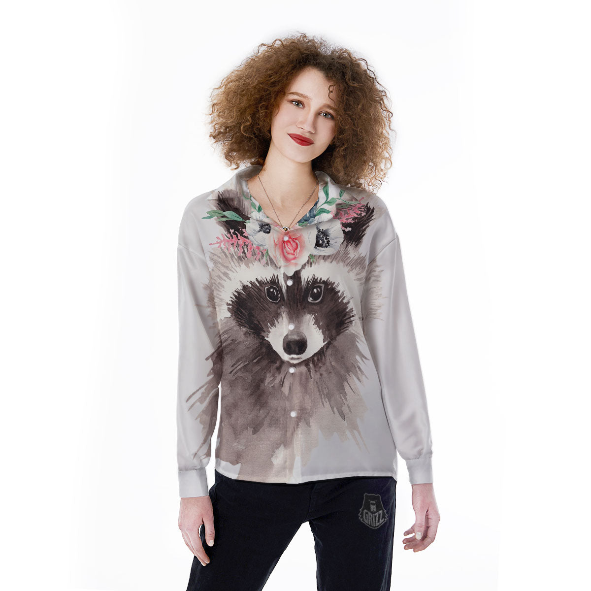 Flower And Raccoon Print Women's Long Sleeve Shirts-grizzshop