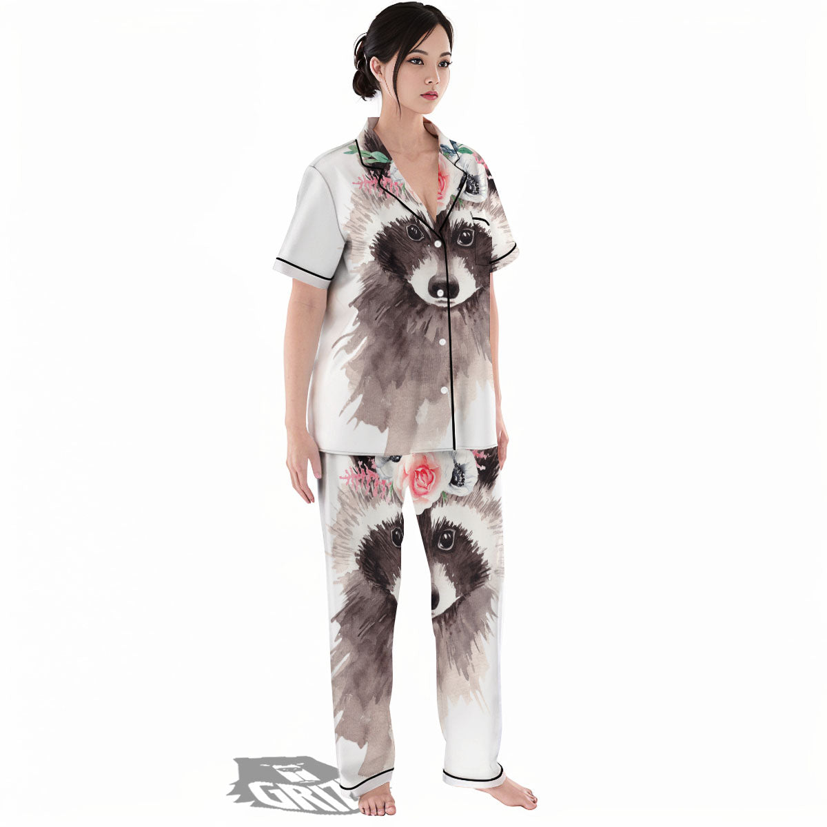 Flower And Raccoon Print Women's Pajamas Set-grizzshop