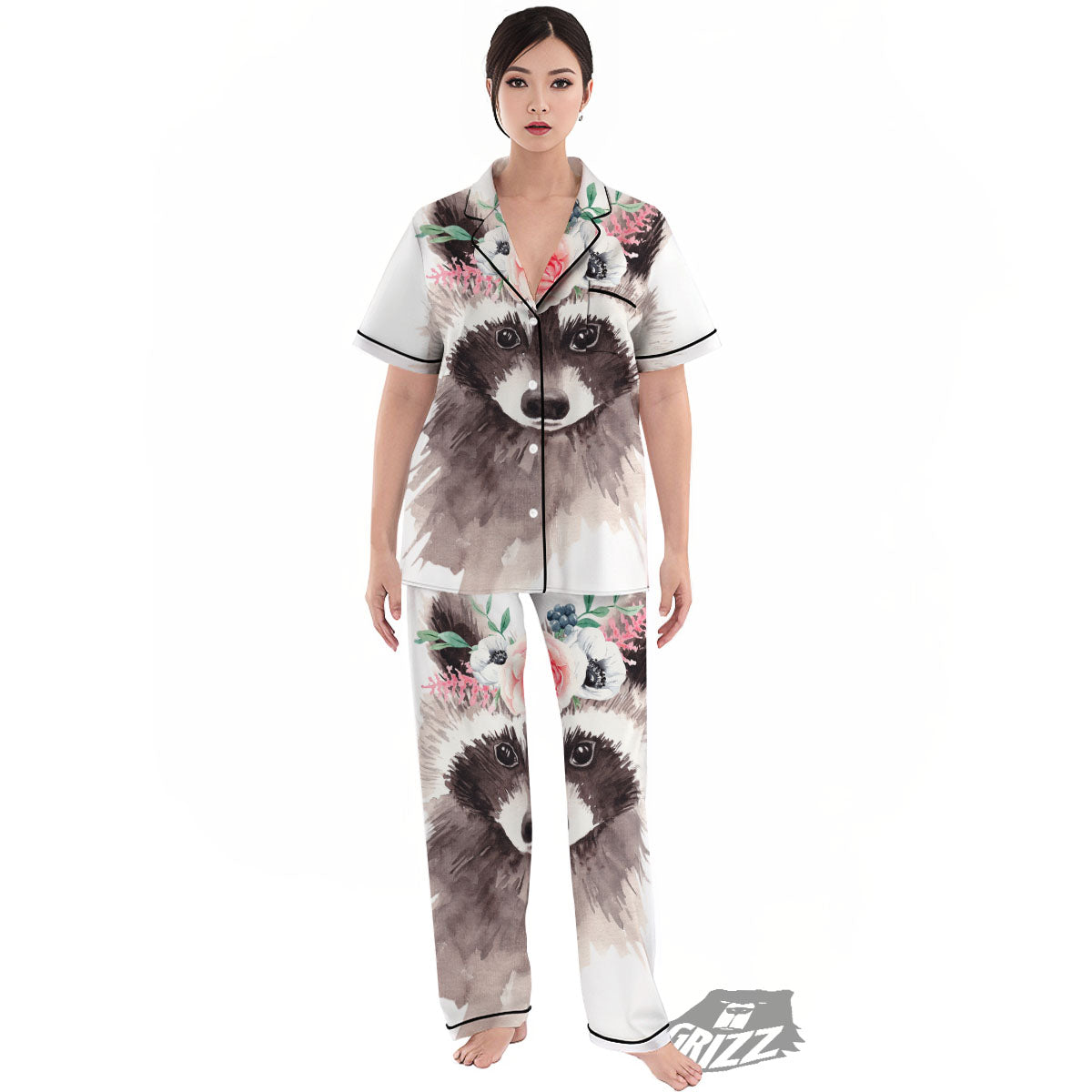Flower And Raccoon Print Women's Pajamas Set-grizzshop