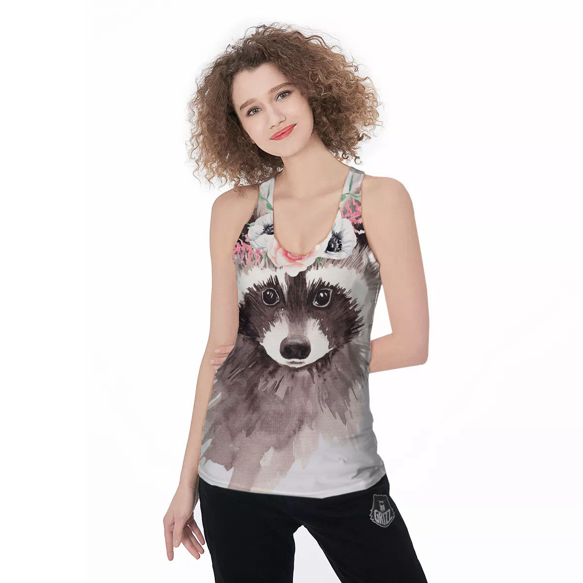 Flower And Raccoon Print Women's Racerback Tank Top-grizzshop
