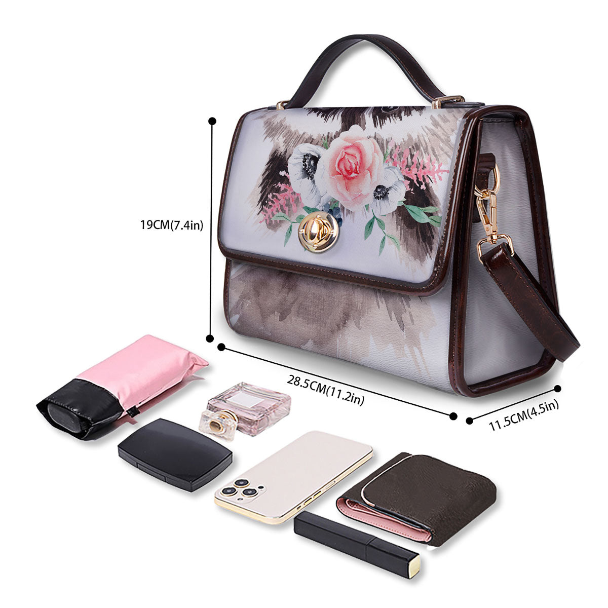 Flower And Raccoon Print Women's Satchel Bag-grizzshop