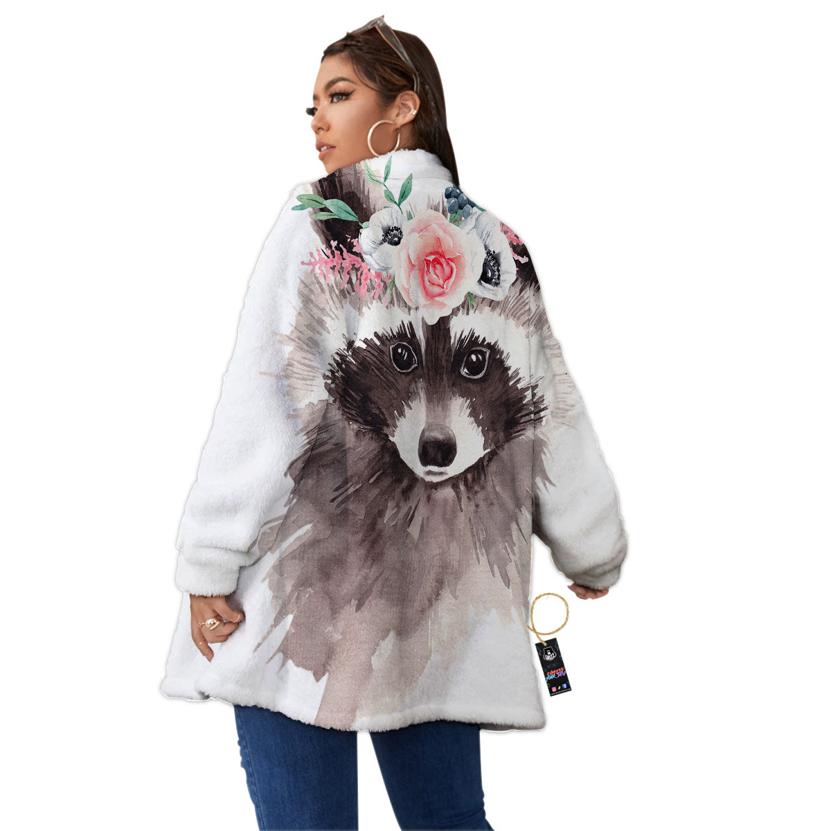 Flower And Raccoon Print Women's Sherpa Jacket-grizzshop