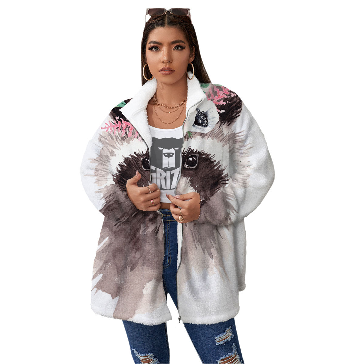 Flower And Raccoon Print Women's Sherpa Jacket-grizzshop