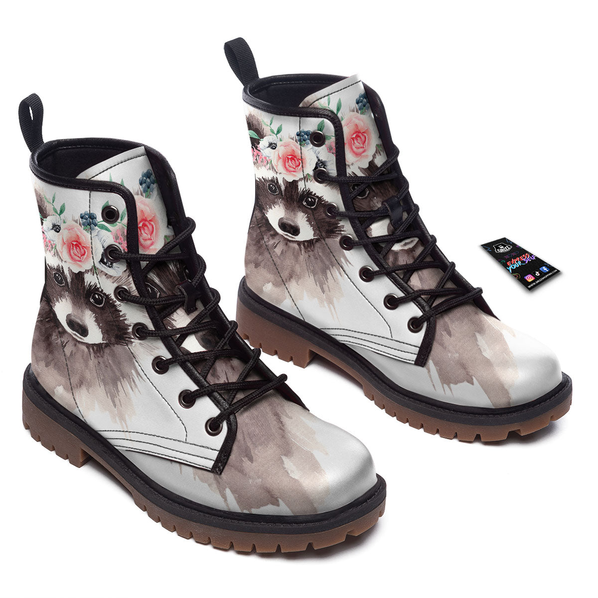 Flower And Raccoon Print Work Boots-grizzshop