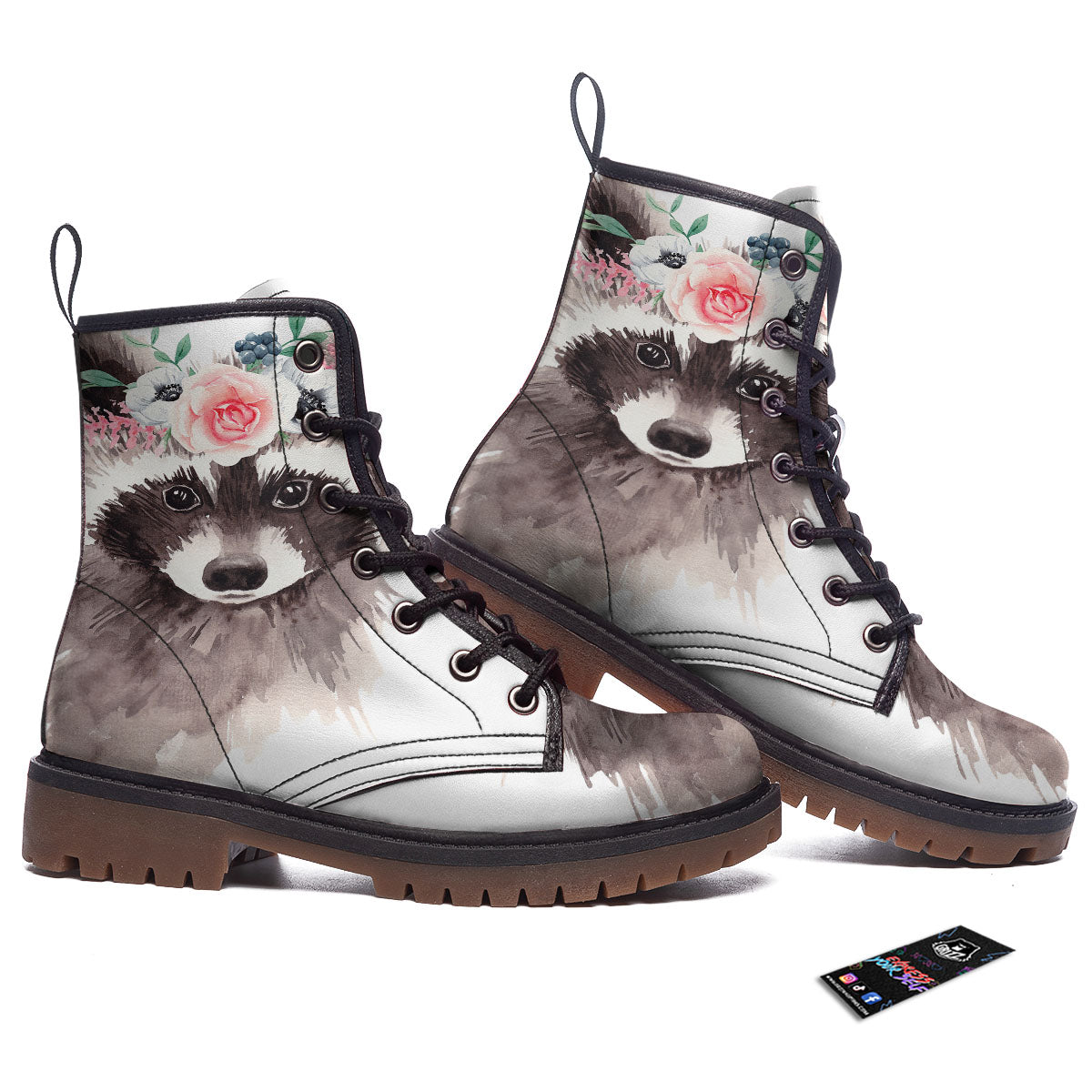 Flower And Raccoon Print Work Boots-grizzshop