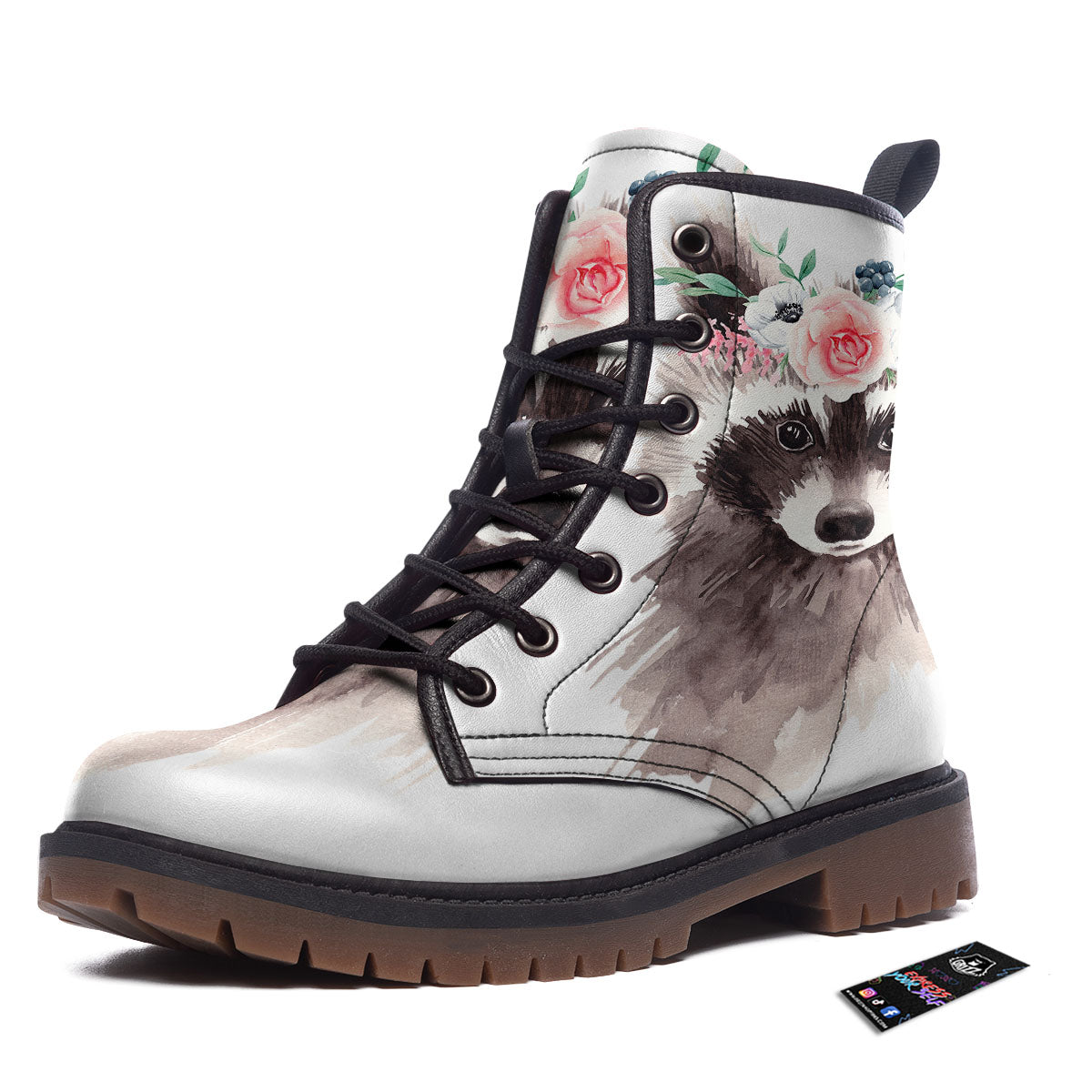 Flower And Raccoon Print Work Boots-grizzshop
