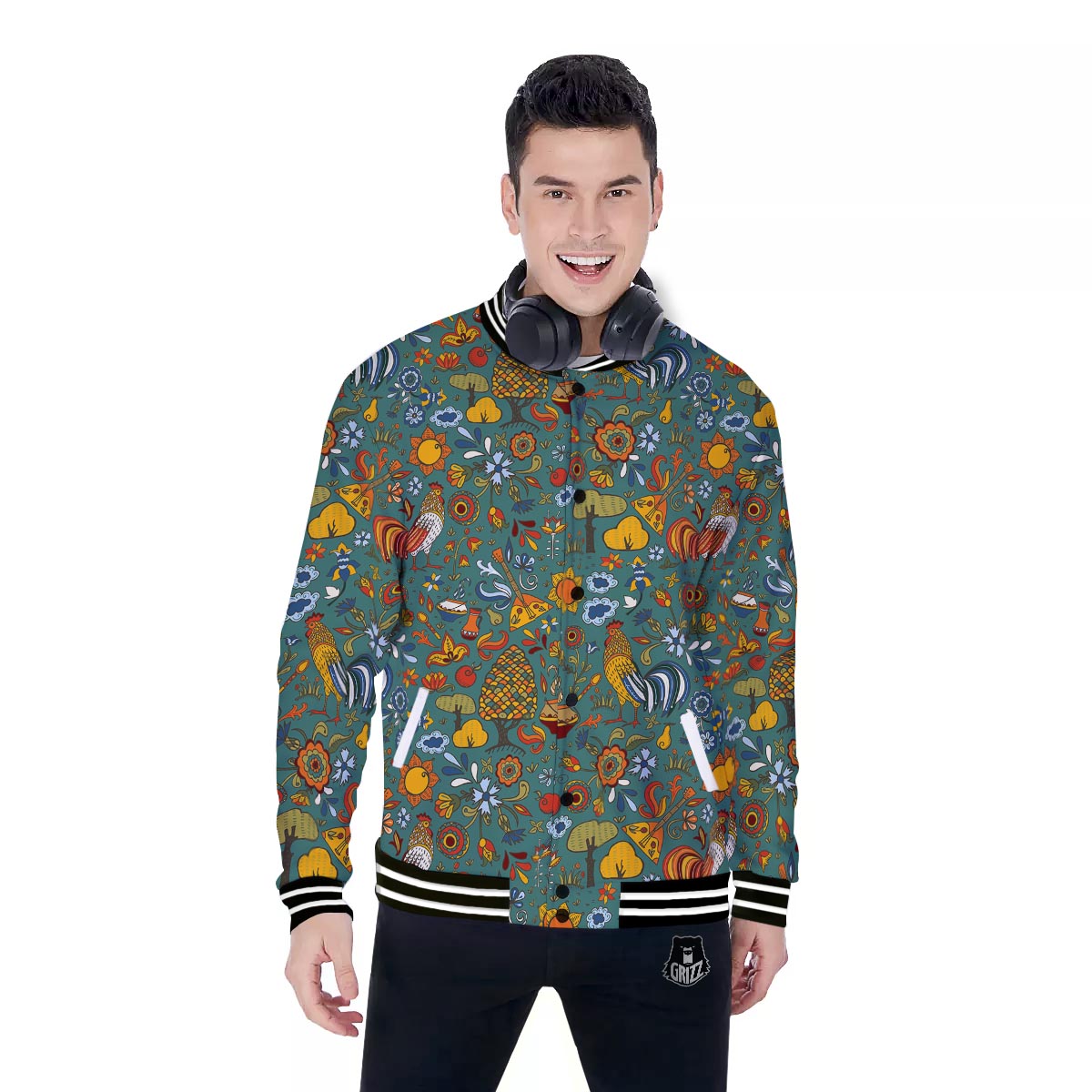 Flower And Rooster Print Pattern Baseball Jacket-grizzshop