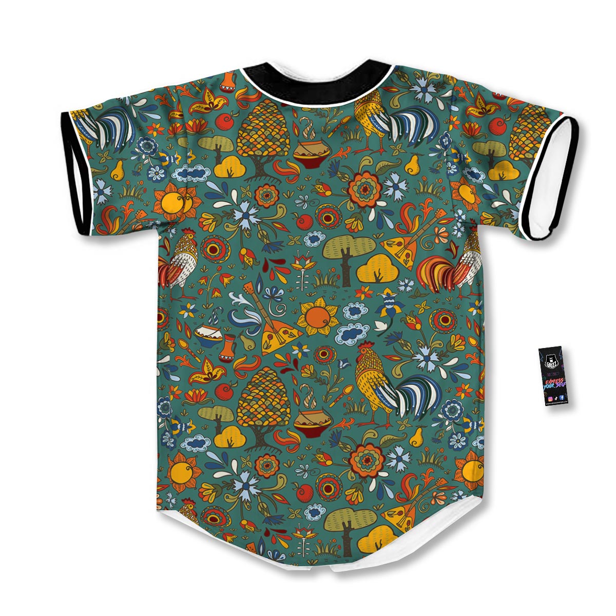 Flower And Rooster Print Pattern Baseball Jersey-grizzshop