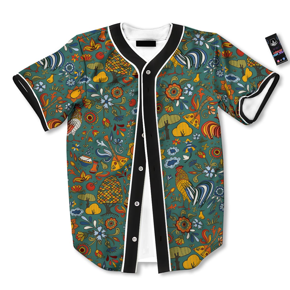Flower And Rooster Print Pattern Baseball Jersey-grizzshop