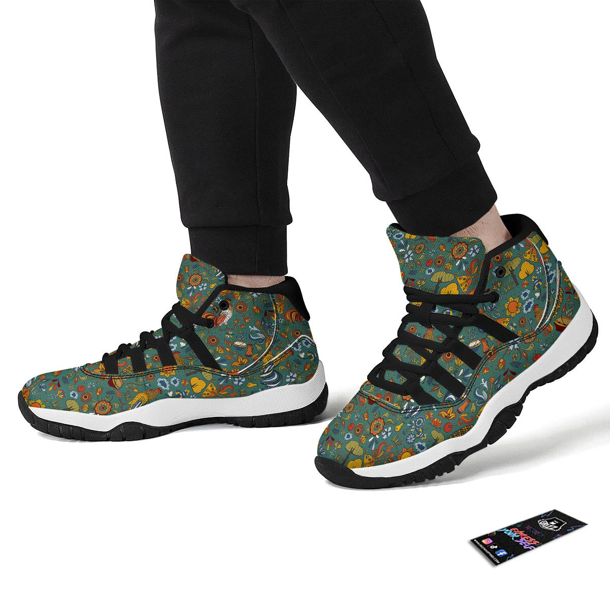 Flower And Rooster Print Pattern Black Bball Shoes-grizzshop