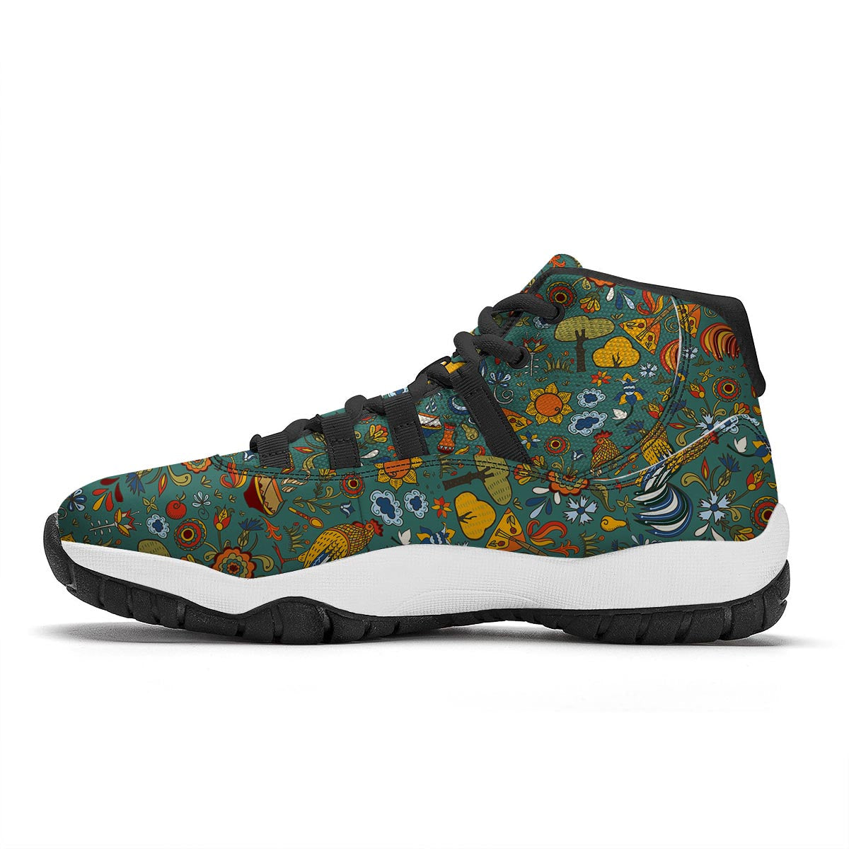 Flower And Rooster Print Pattern Black Bball Shoes-grizzshop