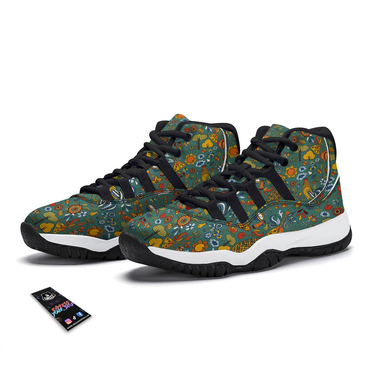 Flower And Rooster Print Pattern Black Bball Shoes-grizzshop