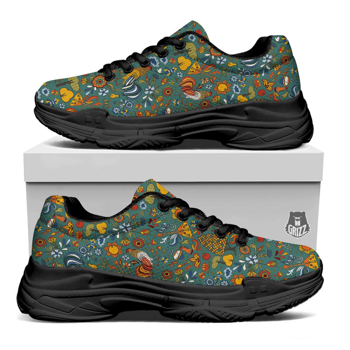 Flower And Rooster Print Pattern Black Chunky Shoes-grizzshop
