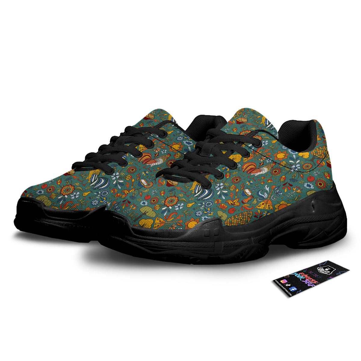 Flower And Rooster Print Pattern Black Chunky Shoes-grizzshop