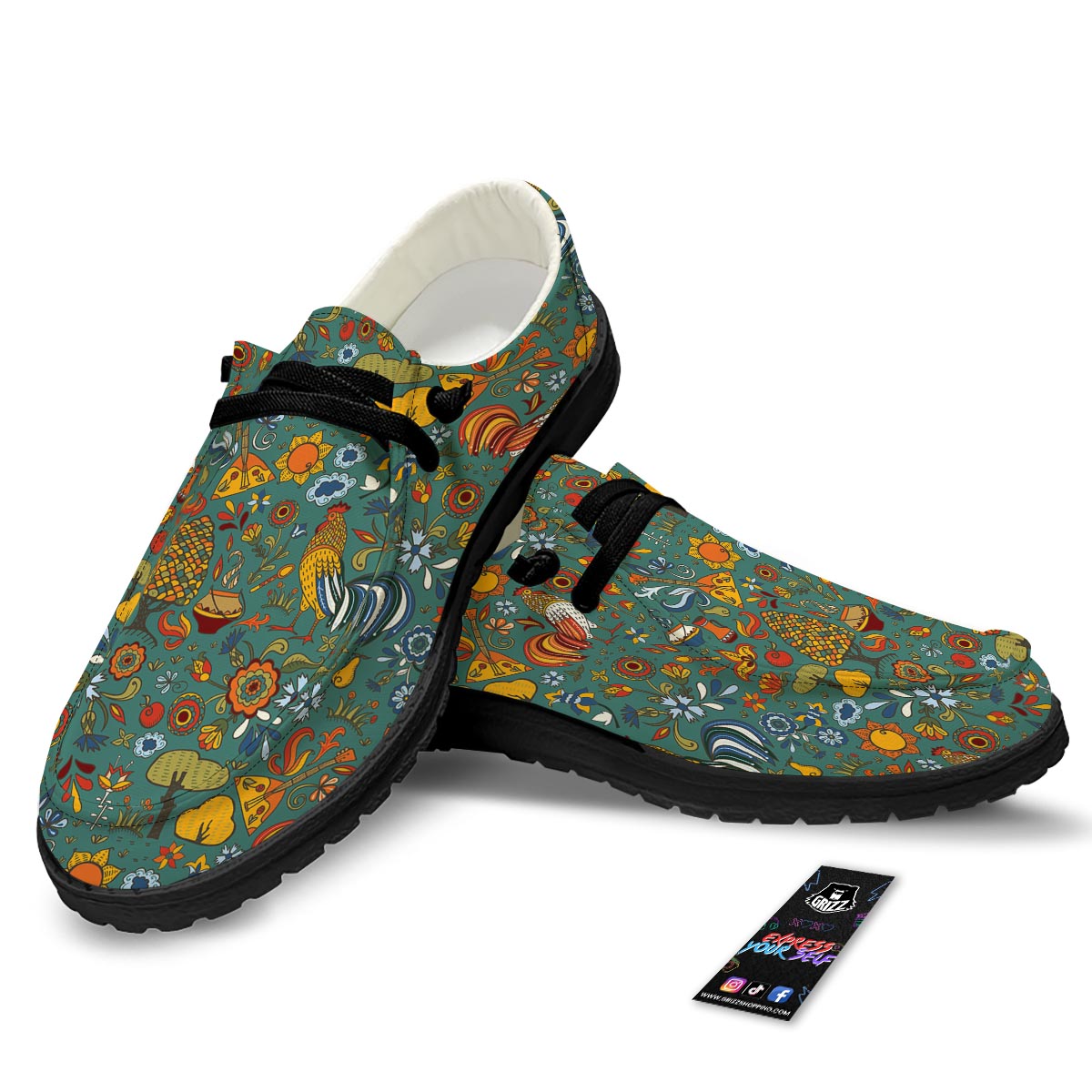 Flower And Rooster Print Pattern Black Loafers-grizzshop