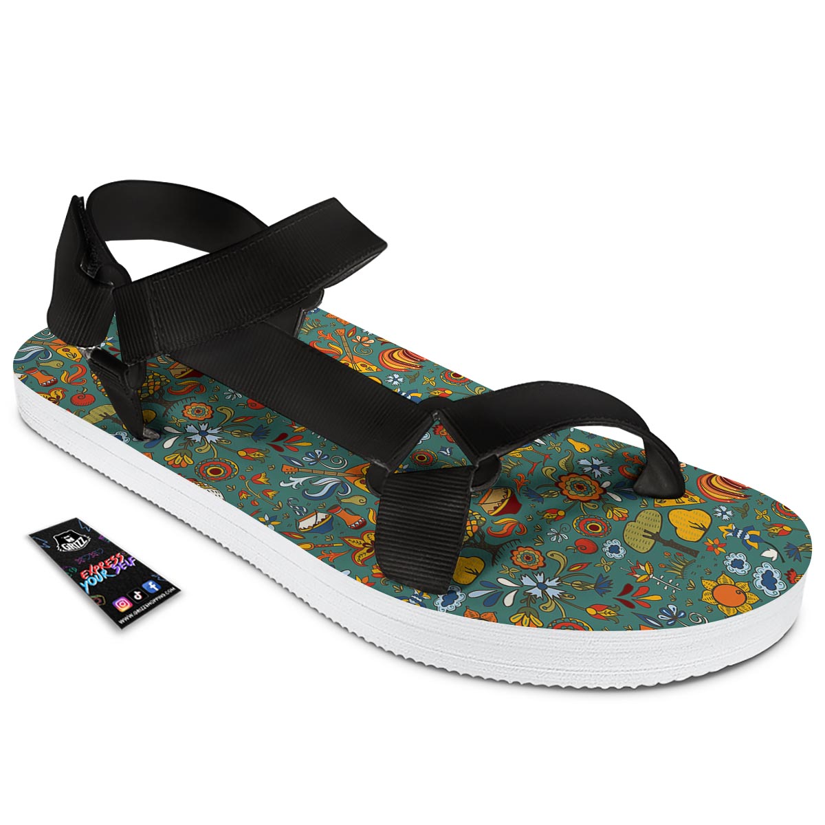 Flower And Rooster Print Pattern Black Open Toe Sandals-grizzshop