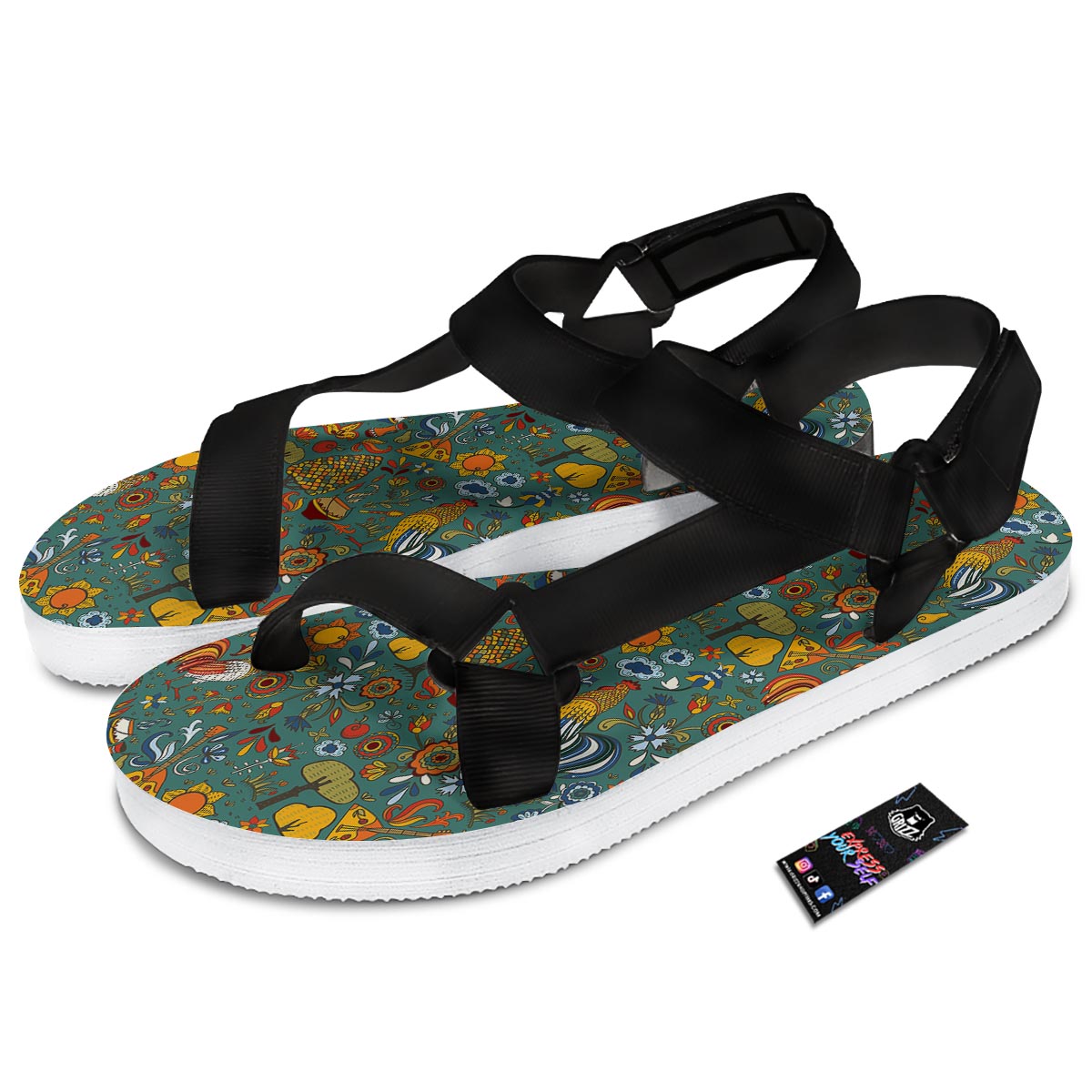Flower And Rooster Print Pattern Black Open Toe Sandals-grizzshop