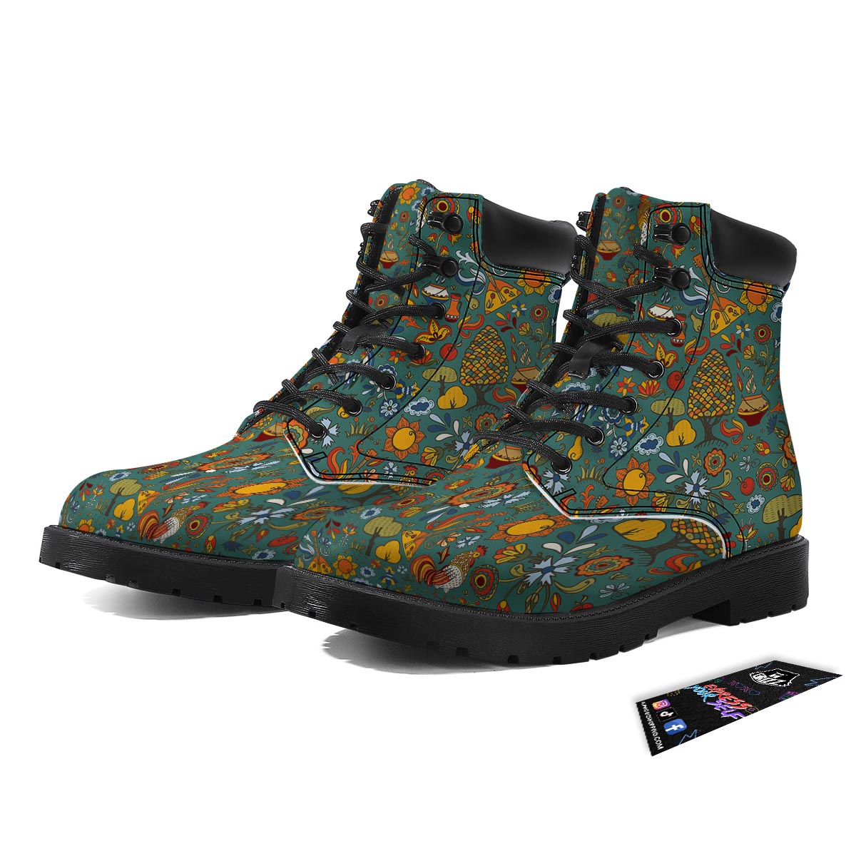 Flower And Rooster Print Pattern Boots-grizzshop